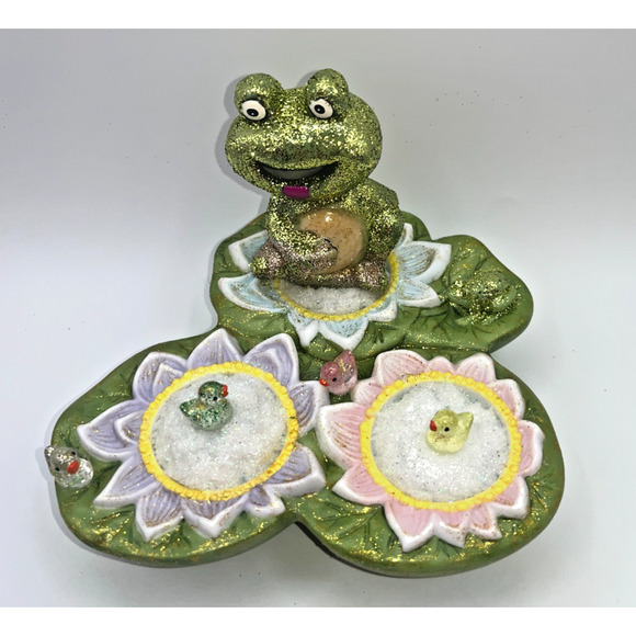 Vintage Ceramic Green Frog on Lilly Pad Ducks Deb O. Original OOAK Spring Decor - Picture 2 of 16